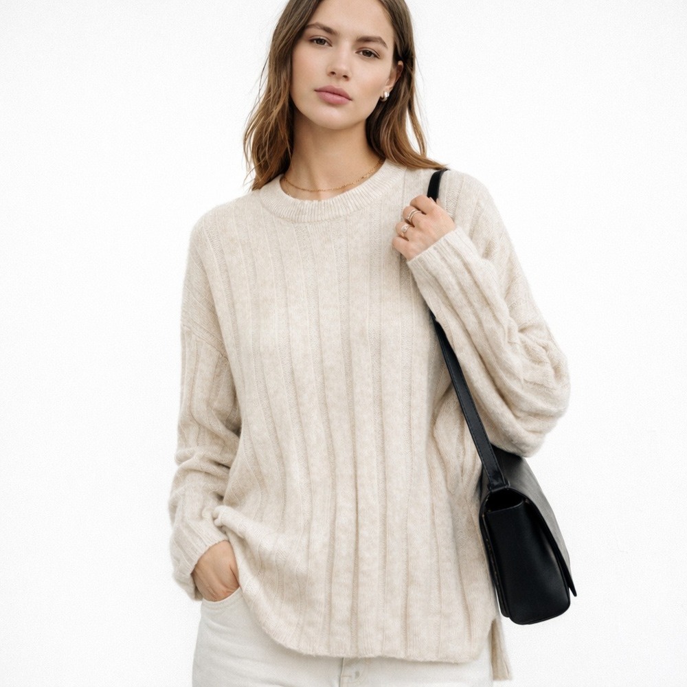H&M Ribbed Wool Blend Sweater Womens Medium Cream Oversized‎ Minimalist Pullover